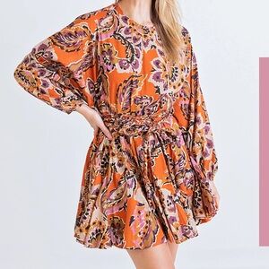 Karlie Vibrant Orange Floral Long Sleeve Dress